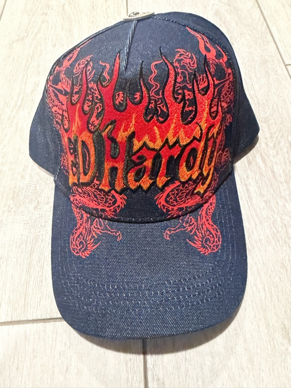 Ed Hardy Denim Trucker Cap with Red and Orange Flame Logo